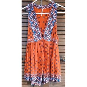 Free People Orange Printed Sleeveless Charlotte Tunic Tank Top Pockets Size S